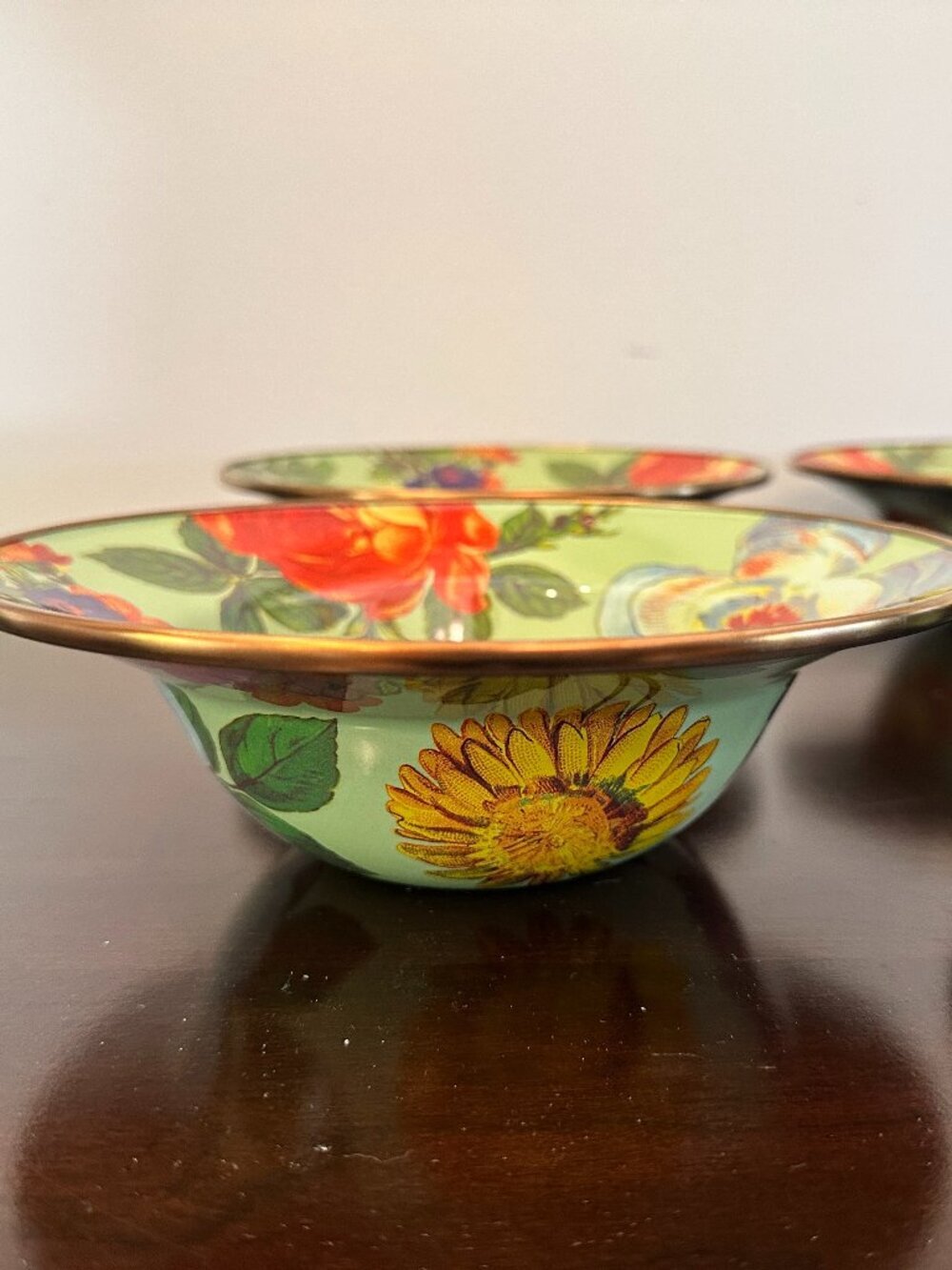 New MacKenzie Childs Green Flower Market Enamelware Breakfast 1 Serving Bowl 8”